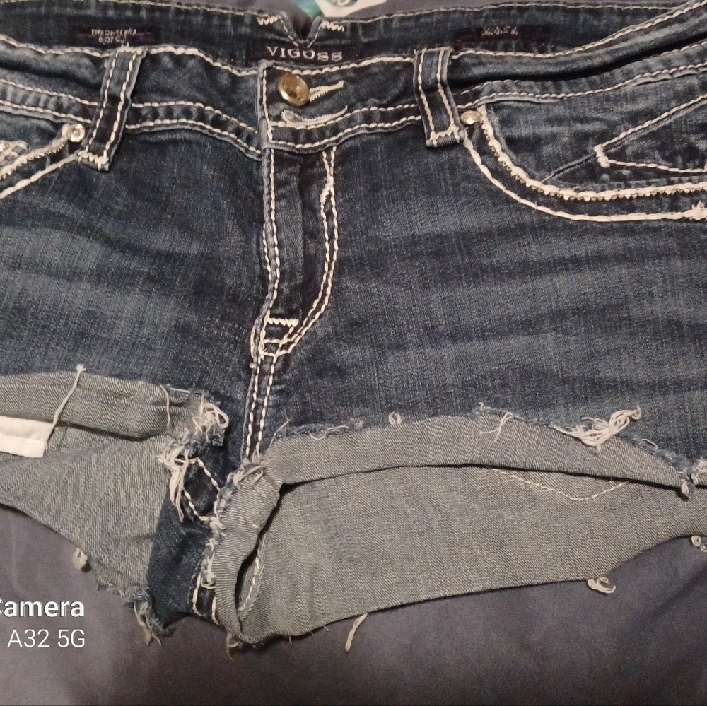Womens Vigoss Jean Cut Off  Short Shorts Size 13/14  Dark Wash w/ White Stitchin